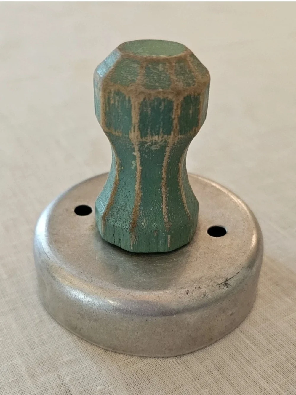 Vintage 40's Aluminum Biscuit Donut Cookie Cutter Green Wooden Handle Primitive